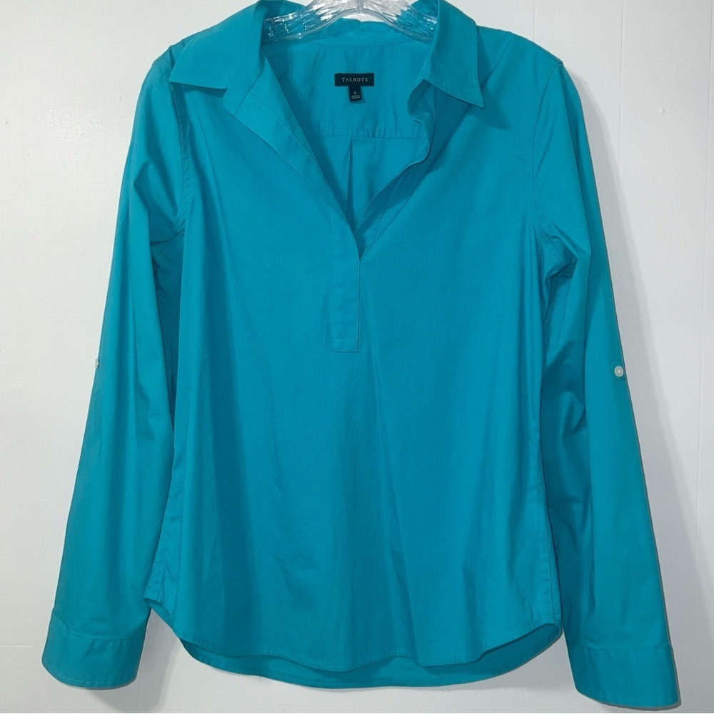 Talbots Popover V-Neck Tunic Top Coastal Preppy Casual Nautical Size S Teal Blue